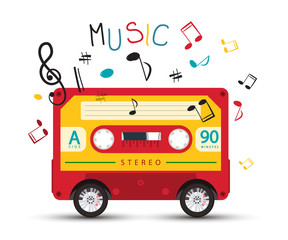 Funky Vector Music Design with Retro Red Audio Cassette on Wheels and Colorful Notes on White Background