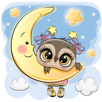 Cartoon Owl Girl on the moon
