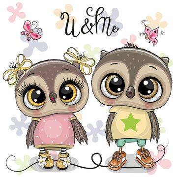 Two Cute Owls on a flowers background