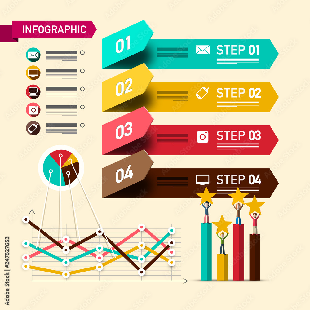 Poster four steps infographic layout with vector design elements and rating symbols. paper infographics wit