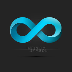 Blue 3D Infinity Symbol on Dark Background. Endless Vector Logo Design.