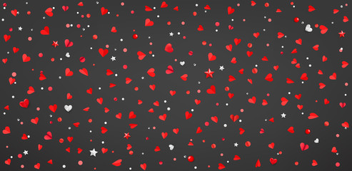 Valentines day abstract background with confetti laying on a dark floor. Vector illustration