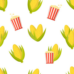 cobs of sweet corn and full buckets of popcorn, seamless pattern