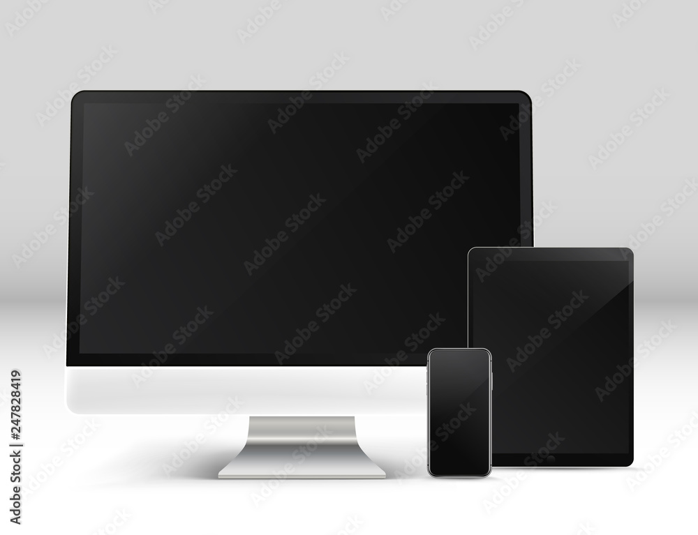 Poster Modern personal computer and other gadgets on a table Vector photoreal front