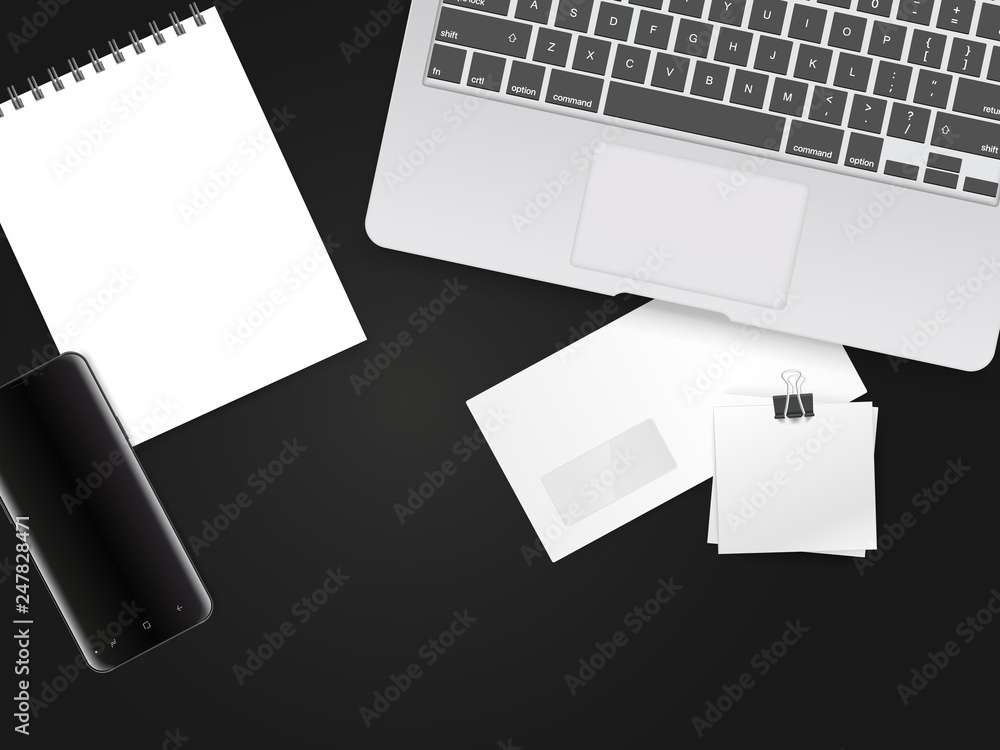 Poster office working place with different accessories. top view vector illustration