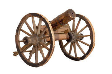 Ancient hand made wooden artillery cannon gun from Bulgarian-Turkish war, isolated on white background