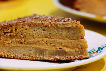 Honey cake on a plate on a yellow background