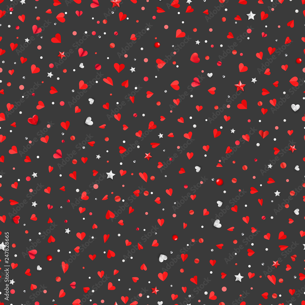 Poster valentines day abstract seamless background with red white and silver confetti laying on a dark floo