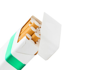 Open green pack of cigarettes isolated on white