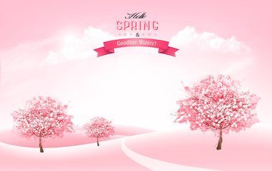 Beautiful spring nature background with blossom sakura trees and landscape. Vector.