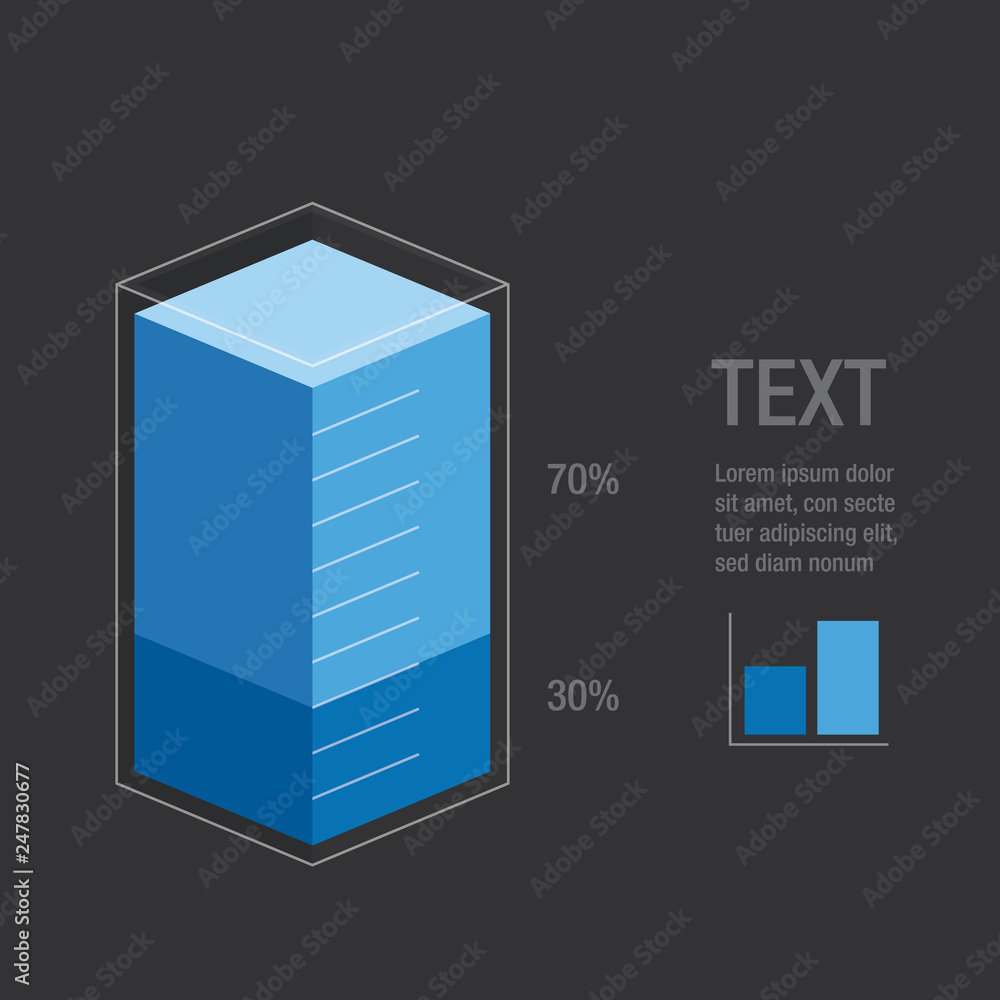 Poster blue liquid histogram glass bars display 30% 70%. bright modern flat design infocharts / infographic