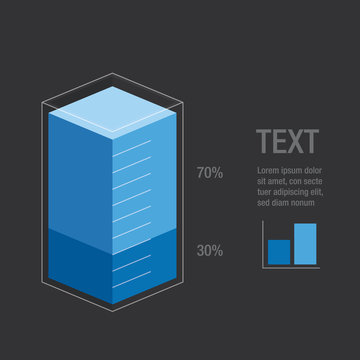 Blue Liquid Histogram Glass Bars Display 30% 70%. Bright Modern Flat Design Infocharts / Infographics Template With Text, Vector Eps 10 App Ui Ux Web Banner Isolated On Black Background