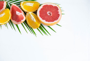 The basis for the banner with palm leaf and fruit. Grepfruit, orange, palm leaf with space for copispeysa. Frame for text with leaf of palm tree and fruit on a wooden background