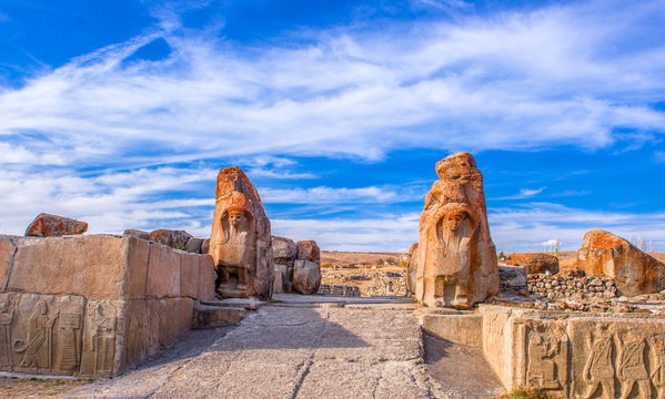 The Lion Gate in the south west of Hattusa at sun rise, also known as Hattusha, is an ancient city located near modern Bogazkale in the Corum Province of Turkey&rsquo;s Black Sea Region.