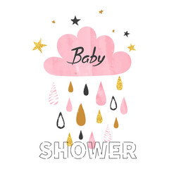 Baby shower girl vector illustration with rainy cloud.	
