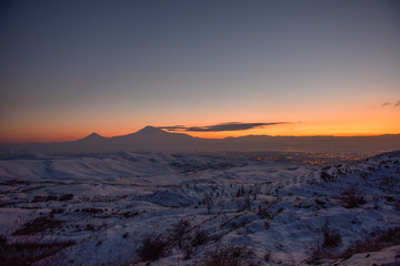 Ararat mountain in the winter sunset,Armenia.