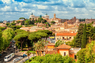 Fototapeta premium Aerial scenic view of Rome. Altar of the Fatherland also known as the National Monument to Victor Emmanuel II in Rome, Italy. Rome architecture and landmark.