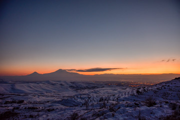 Obraz na płótnie Canvas Ararat mountain in the winter sunset,Armenia.