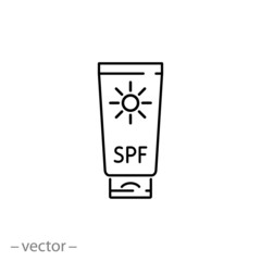 sun cream bottle icon, sunblock tube, spf protection linear sign isolated on white background - editable stroke vector illustration eps10