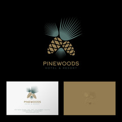 Pine Forest logo. Hotel and resort. Pine cone and needles with letters. Identity. Business Card.
