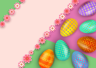 Easter greeting card template with colorful decorated eggs on abstract background with frame. Vector illustration