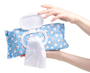 Wet wipes in hands pack on white background isolation