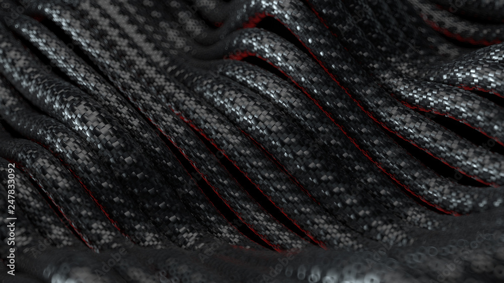 Poster 3d render abstract background with cables with carbon braid texture. technology themed illustration.
