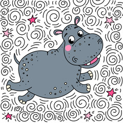 Cheerful smiling hippo bounces up. Doodle illustration