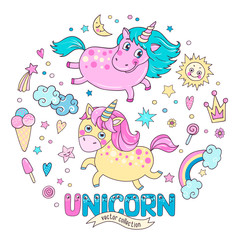 Cute magic collection with two unicorns, rainbow, clouds, ice cream
