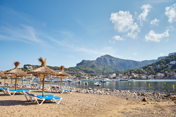 Morning at a beach in Port de Soller village, Mallorca, Spain.