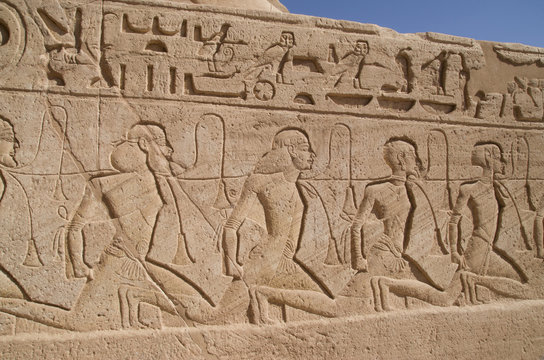 Relief depicting a row of captives in Abu Simbel temple of Ramesses II, Egypt