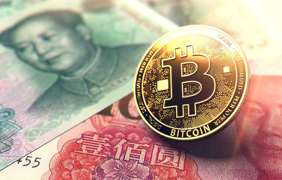 Bitcoin coin on Chinese Yuan bills. Bitcoin in the center of attention in China concept. 3D rendering