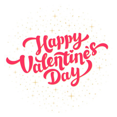 Happy valentines day greeting card design. Bright pink inscription with golden foil sparkles on white background.
