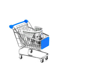 Shopping cart with dollars inside isolated on white background.
