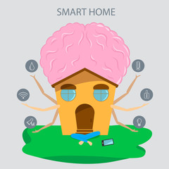 Smart home with big mind in flat style. Technology icons and design elements.