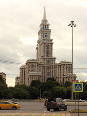 Moscow / Russia – Modern skyscraper Triumph Palace on the Sokol - summer day view from Leningradsky avenue