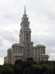 Fototapeta na wymiar Moscow / Russia – Modern skyscraper Triumph Palace on the Sokol - summer day view from Leningradsky Prospekt