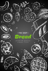 Vector bakery vintage background design. Hand drawn bread sketch illustration with wheat, flour on dark background. Concept for bakery menu, organic flour, grain and cereal products.