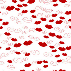 Fototapeta premium Red lips in beautiful style on colorful backdrop. Seamless texture. Holiday graphic modern pattern. White design background. Abstract geometric for textile, manufacturing, fabrics and decor. Vector