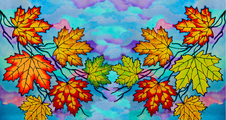 Obraz premium Stained glass - branches with autumn leaves on a blue background