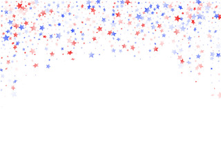Flying red blue white star sparkles on white vector american patriotic background.
