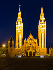 Illustration of view on Cathedral in night light of Szeged