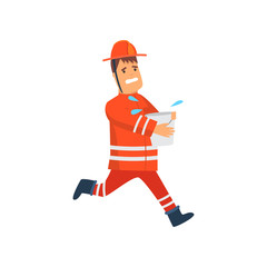 Firefighter Wearing Orange Protective Uniform and Helmet Running with Bucket of Water, Cheerful Professional Male Freman Cartoon Character Doing His Job Vector Illustration