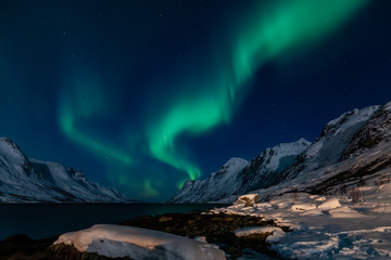 Amazing Aurora Borealis in North Norway (Kvaloya), mountains in the background