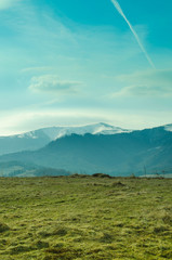 Obraz premium Beautiful morning at spring. Mountains with pine trees are muffled.