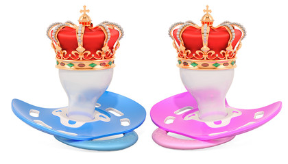 Royal twins concept. Two pacifiers with golden crown. 3D rendering