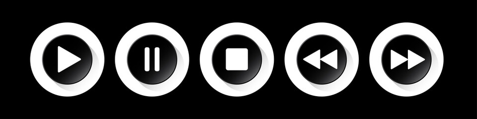 black, white round music control buttons set