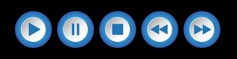 blue, white round music control buttons set
