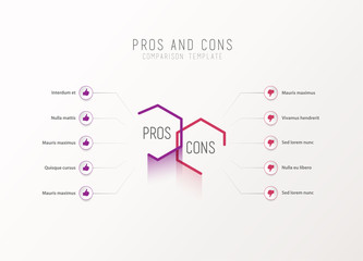 Pros and Cons comparison vector template light vector template with pink and purple hexagons and circles and place for your comparison text.