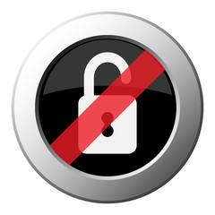 open padlock - ban round metal button, white icon